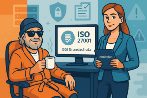 dude sitzend vor monitor mit iso 27001 aufschrift. cipher stehend daneben mit audit klemmbrett in der hand